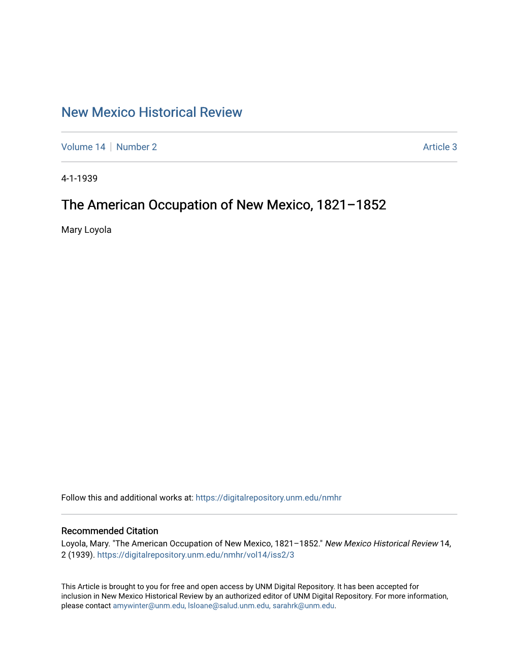 The American Occupation of New Mexico, 1821Â•Fi1852