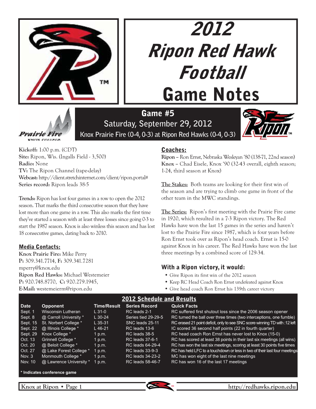 Ripon Red Hawk Football Game Notes Game #5 Saturday, September 29, 2012 Knox Prairie Fire (0-4, 0-3) at Ripon Red Hawks (0-4, 0-3)