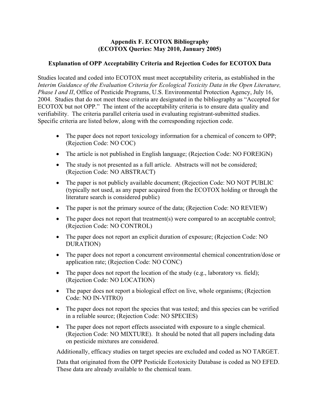 Appendix F. ECOTOX Bibliography (ECOTOX Queries: May 2010, January 2005)