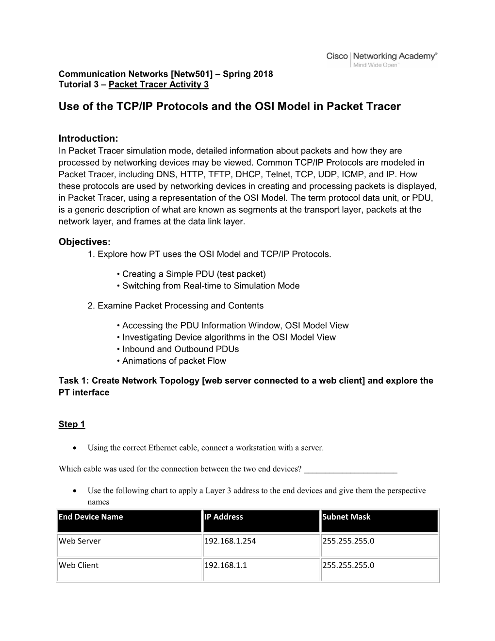 Use of the TCP/IP Protocols and the OSI Model in Packet Tracer