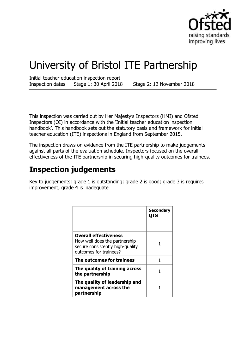 University of Bristol ITE Partnership Initial Teacher Education Inspection Report Inspection Dates Stage 1: 30 April 2018 Stage 2: 12 November 2018