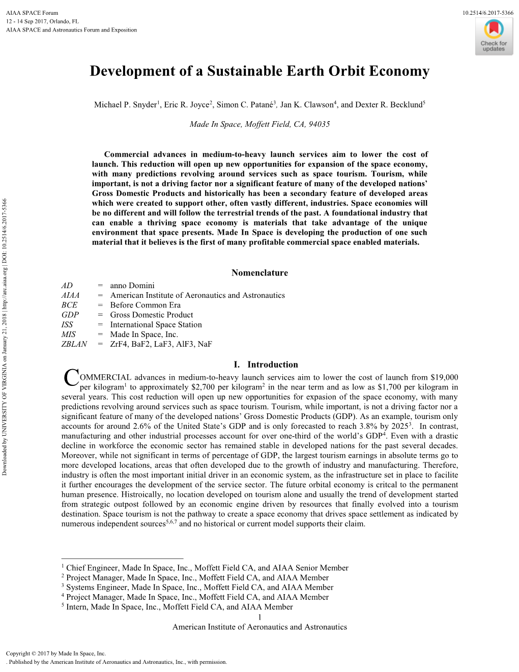 Development of a Sustainable Earth Orbit Economy