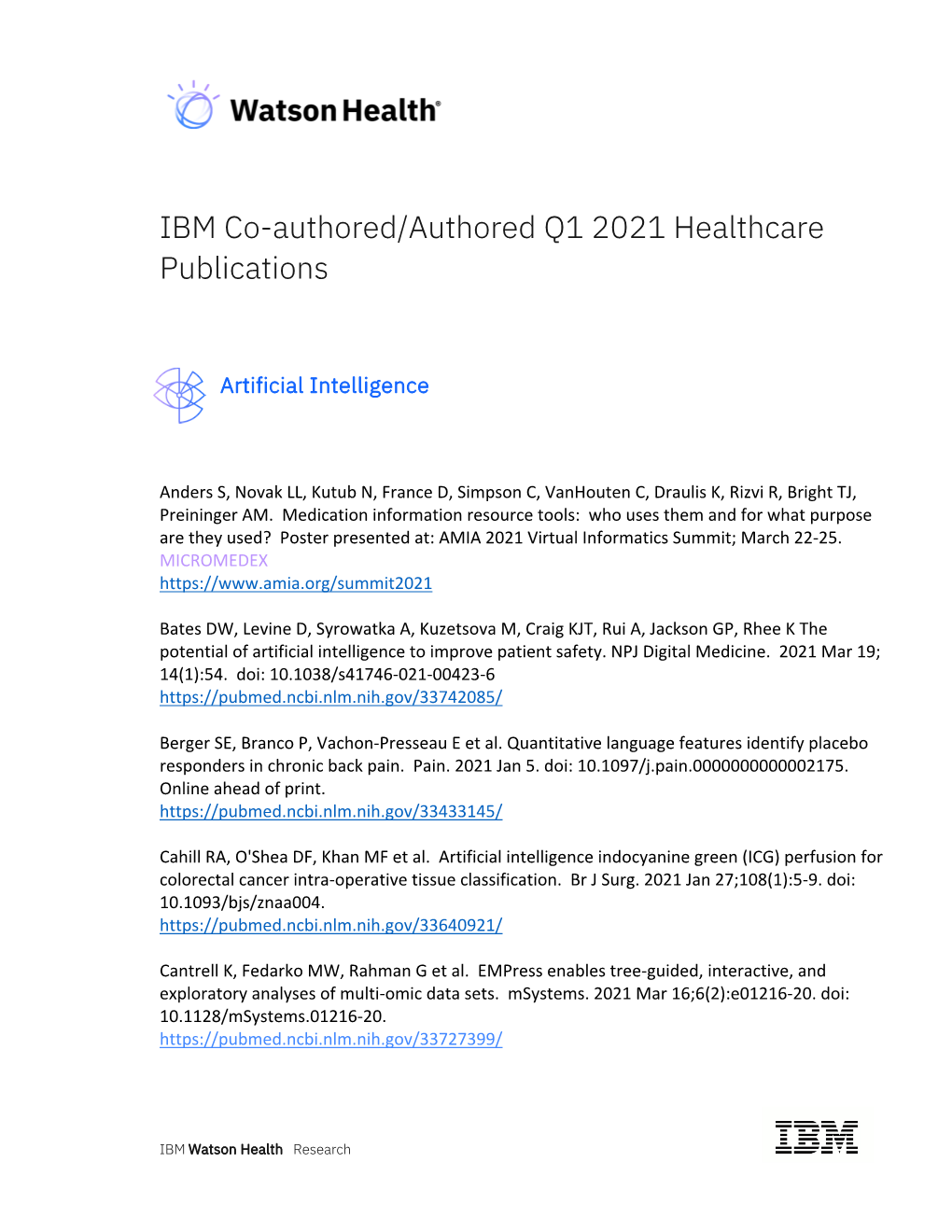 IBM Co-Authored/Authored Q1 2021 Healthcare Publications