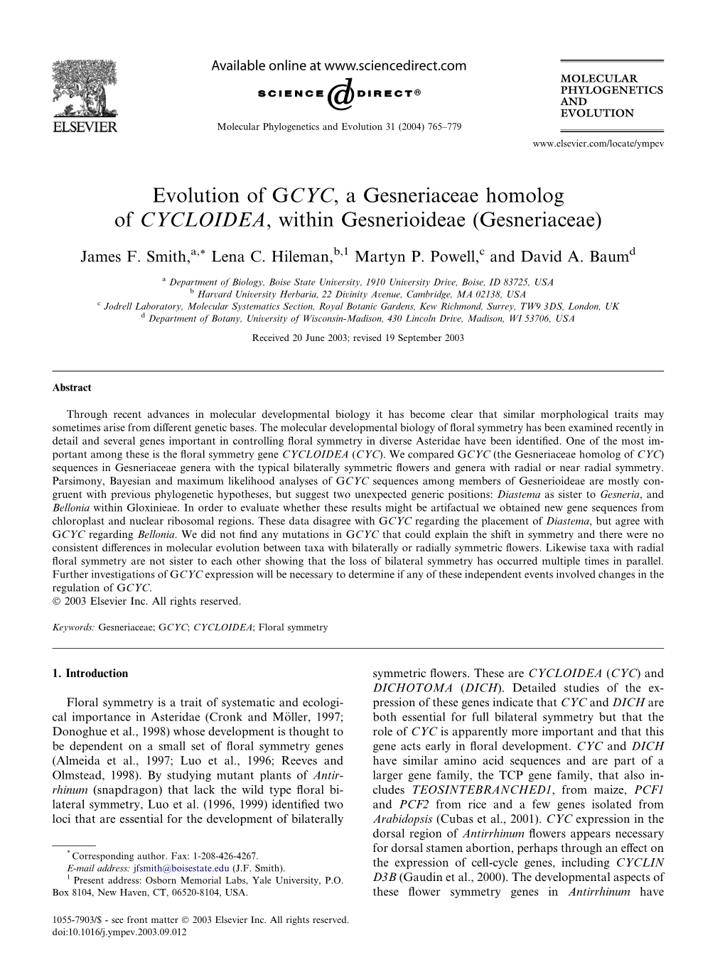 Evolution of GCYC, a Gesneriaceae Homolog of CYCLOIDEA, Within Gesnerioideae (Gesneriaceae)