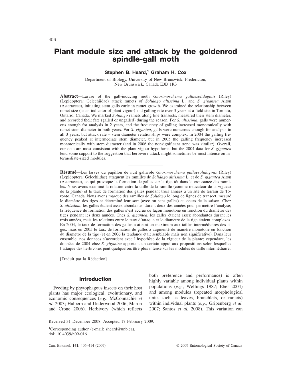 Plant Module Size and Attack by the Goldenrod Spindle-Gall Moth