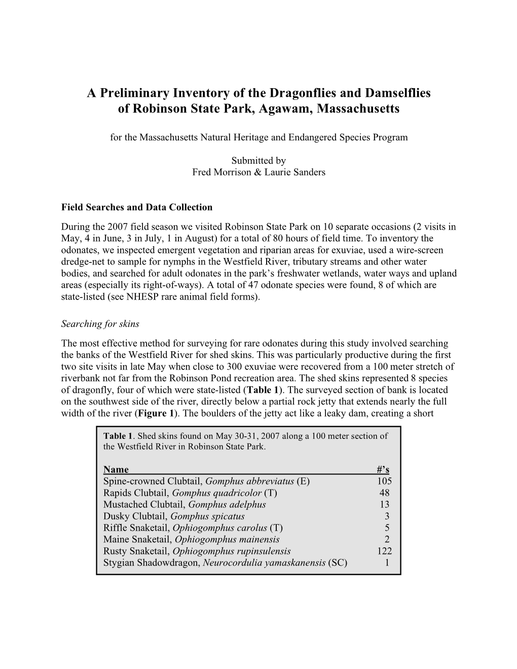 Final Odonate Report for Robinson State Park 2007