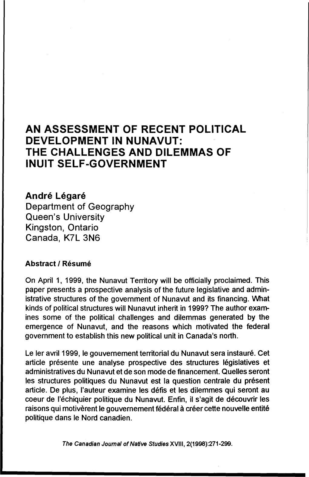 An Assessment of Recent Political Development in Nunavut: the Challenges and Dilemmas of Inuit Self-Government