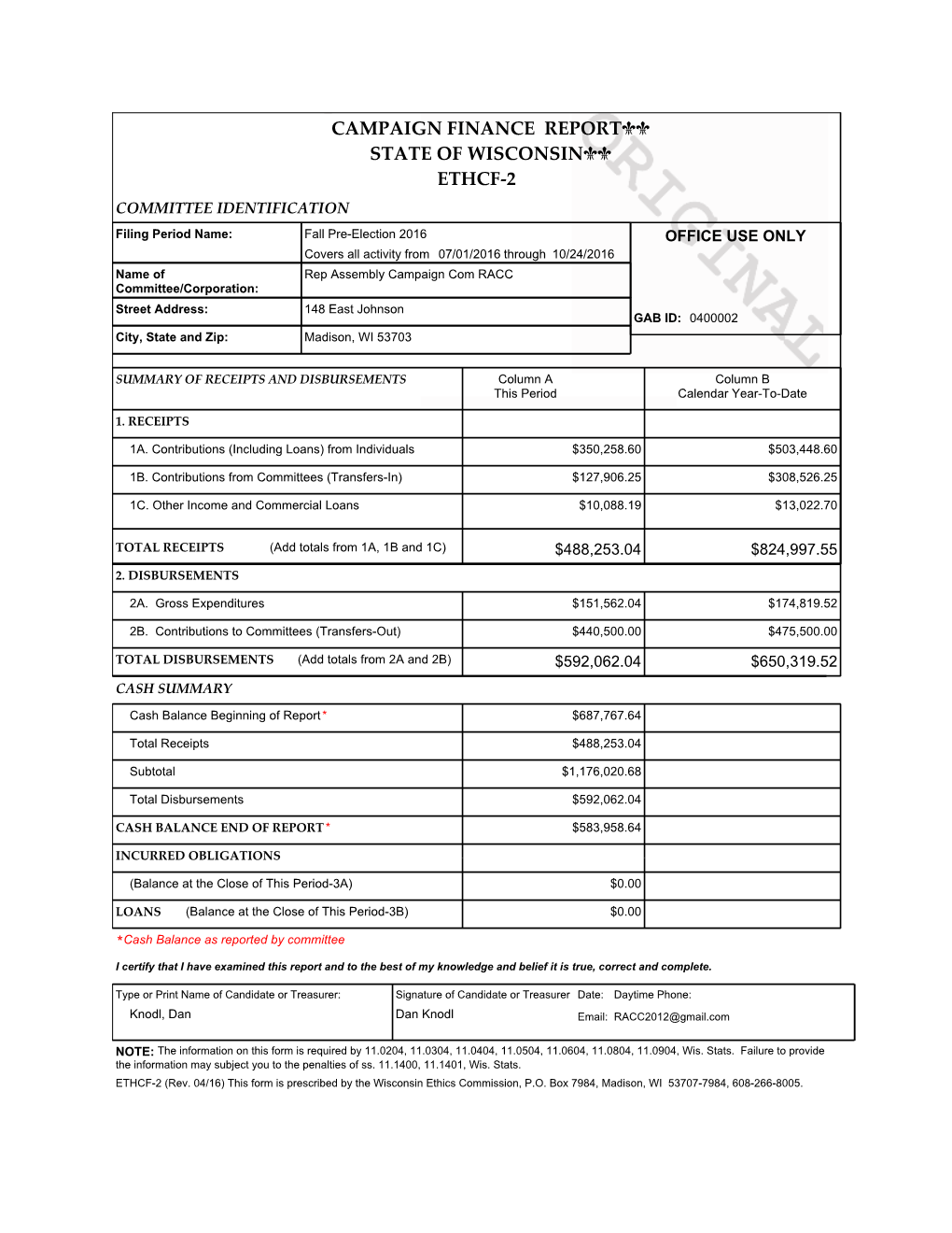 Campaign Finance Report State of Wisconsin Ethcf-2