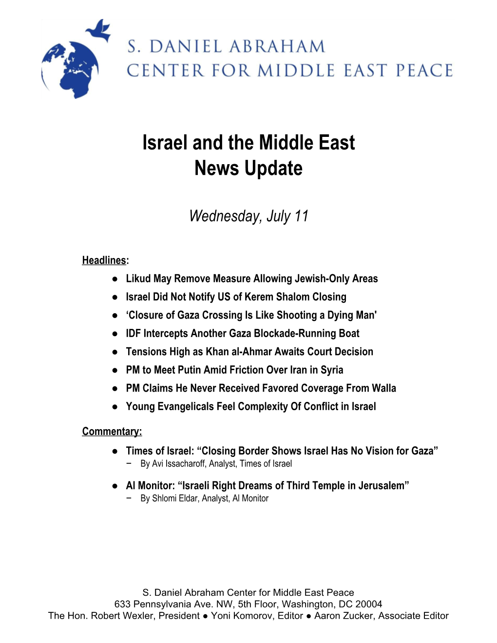 Israel and the Middle East News Update