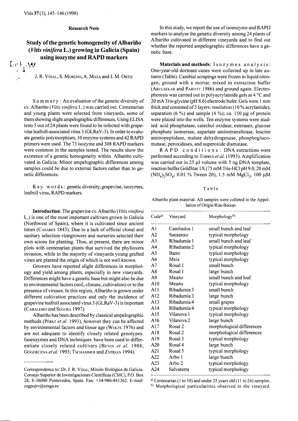 Study Ofthe Genetic Homogeneity Ofalbarino (Lrtis Vinifera L.) Growing in Galicia (Spain) Using Isozyme and RAPD Markers