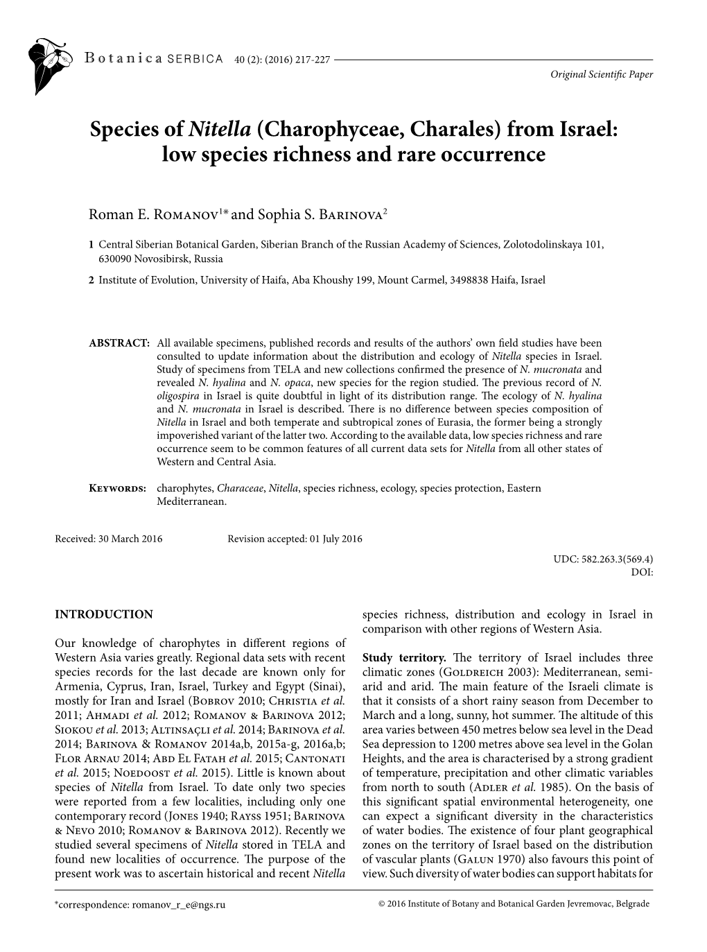 Charophyceae, Charales) from Israel: Low Species Richness and Rare Occurrence