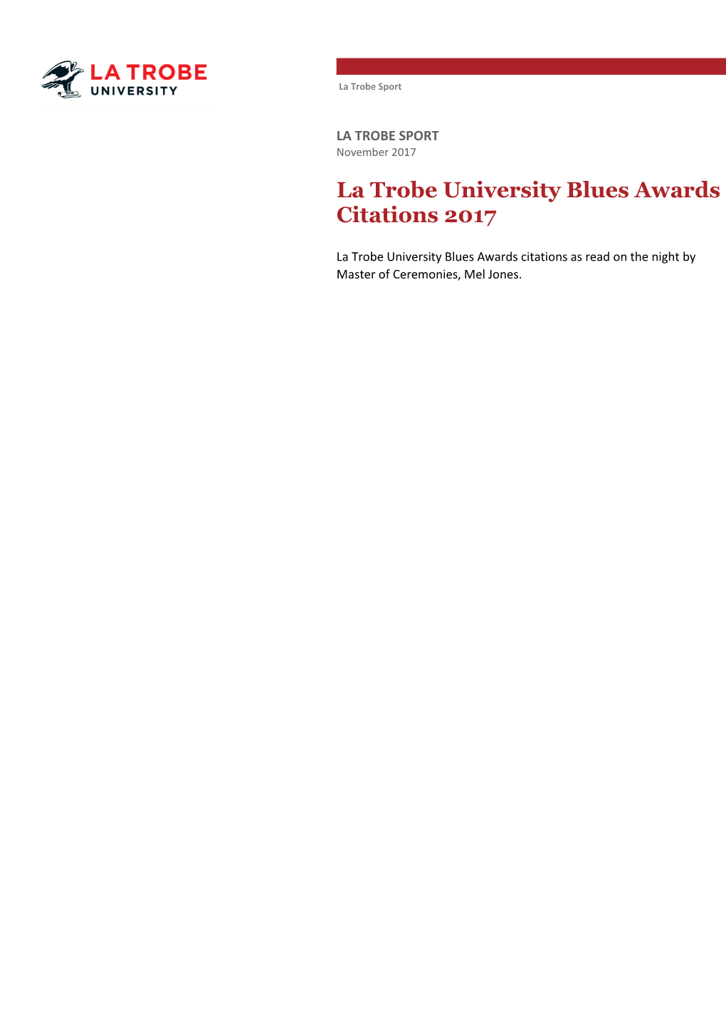 La Trobe University Blues Awards Citations 2017