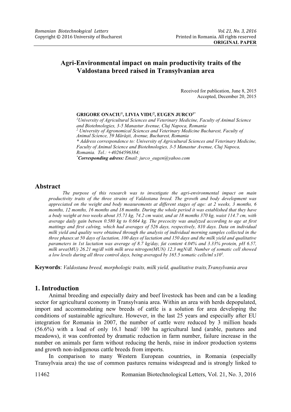 Agri-Environmental Impact on Main Productivity Traits of the Valdostana Breed Raised in Transylvanian Area