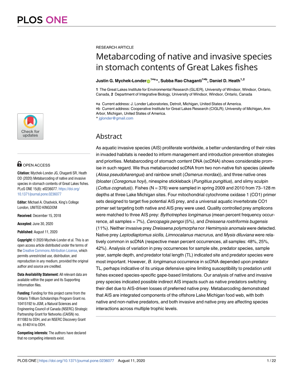 Metabarcoding of Native and Invasive Species in Stomach Contents of Great Lakes Fishes