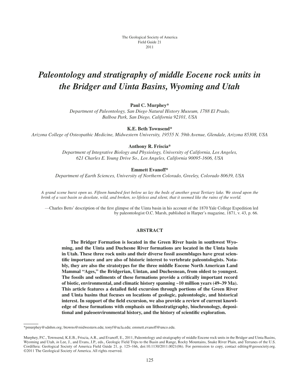 Paleontology and Stratigraphy of Middle Eocene Rock Units in the Bridger and Uinta Basins, Wyoming and Utah