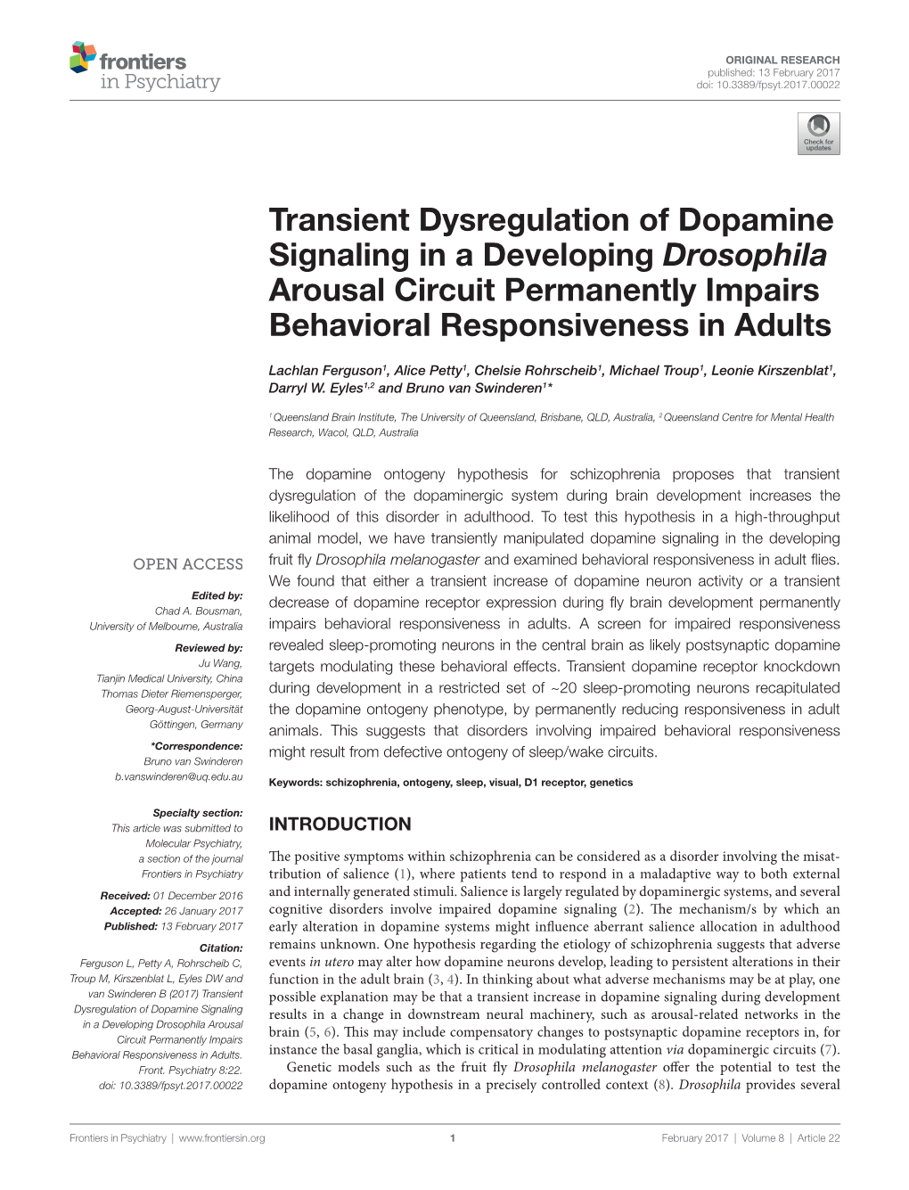 Transient Dysregulation of Dopamine Signaling in a Developing Drosophila Arousal Circuit Permanently Impairs Behavioral Responsiveness in Adults