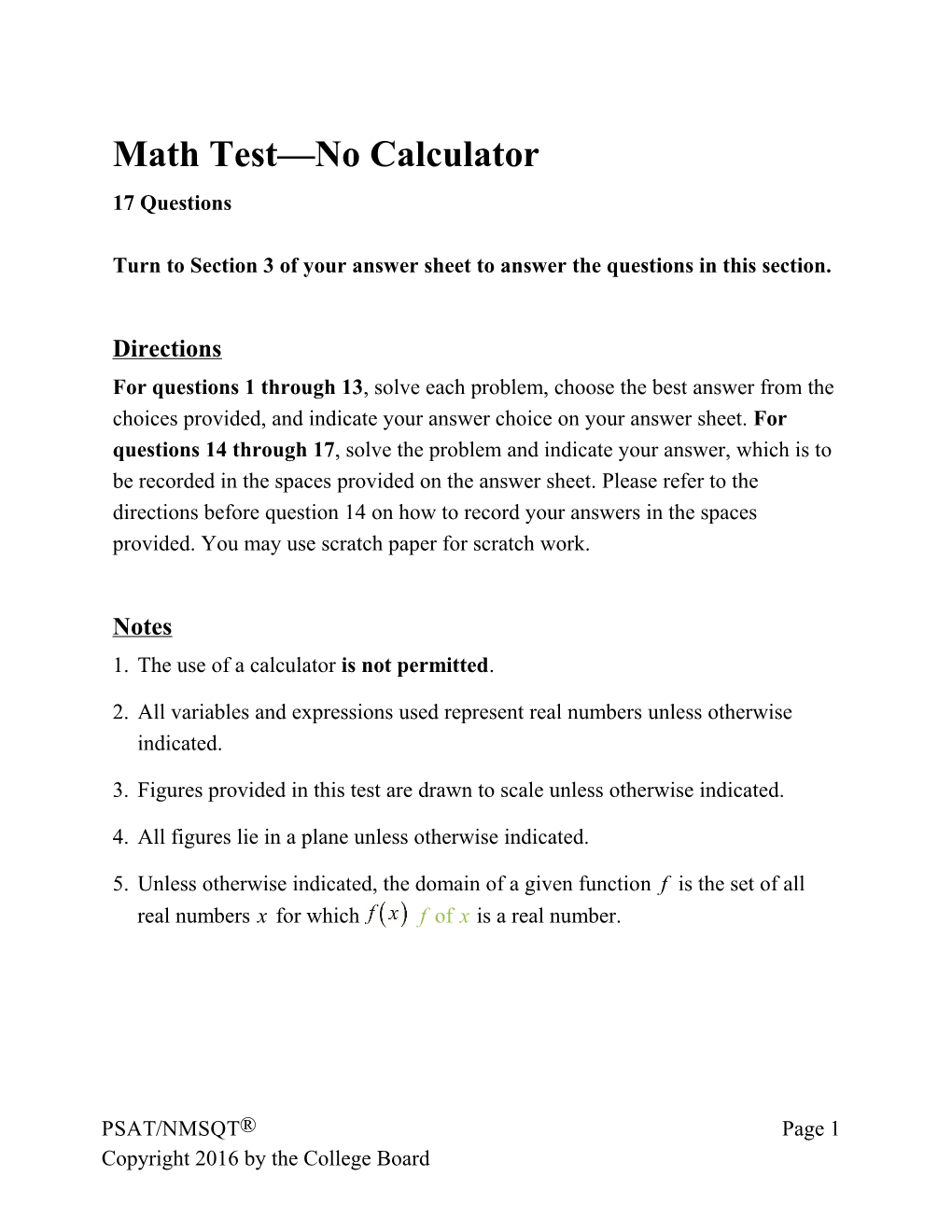 PSAT/NMSQT Practice Test 2 for Assistive Technology Math Test, No Calculator SAT Suite