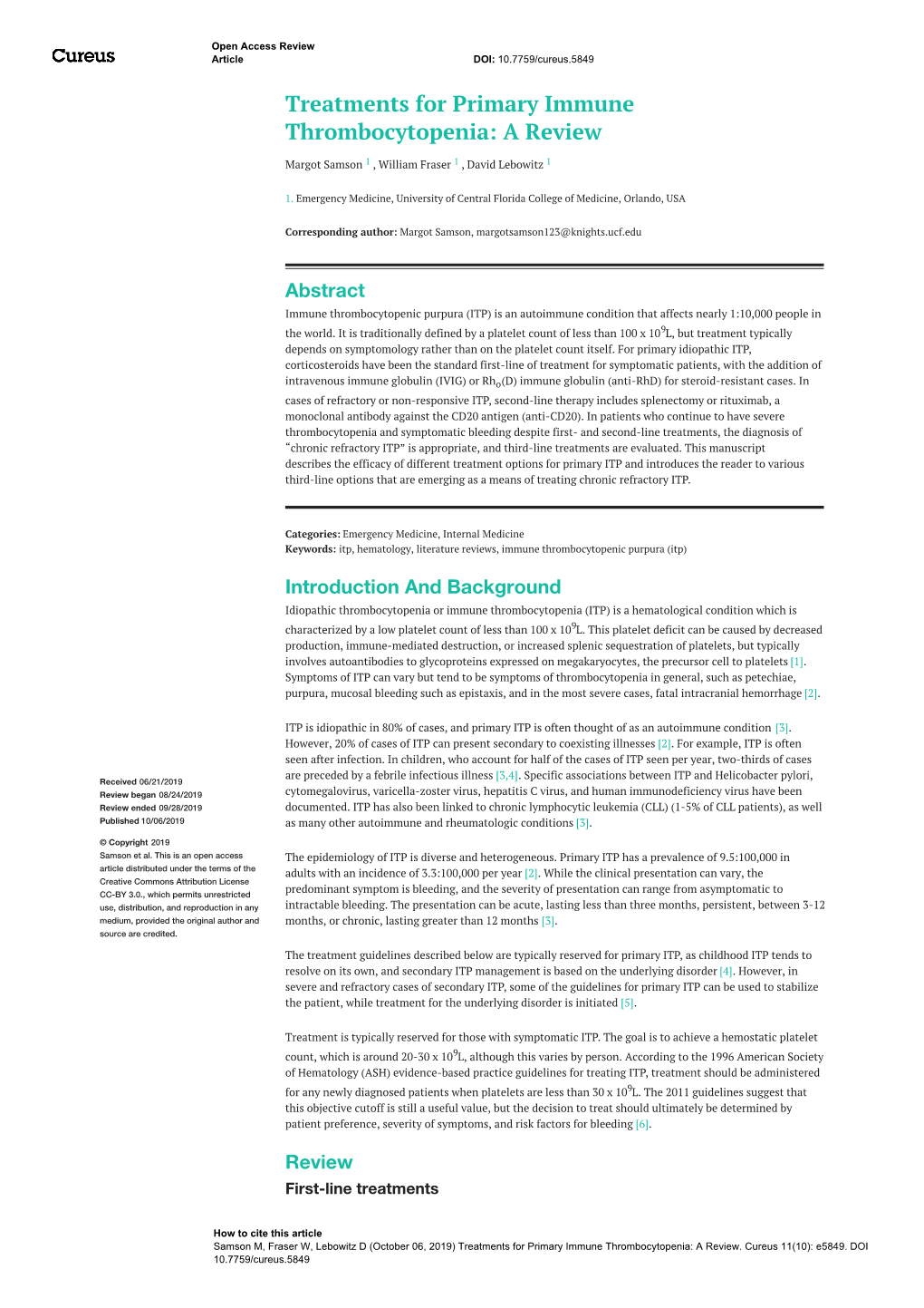 Treatments for Primary Immune Thrombocytopenia: a Review