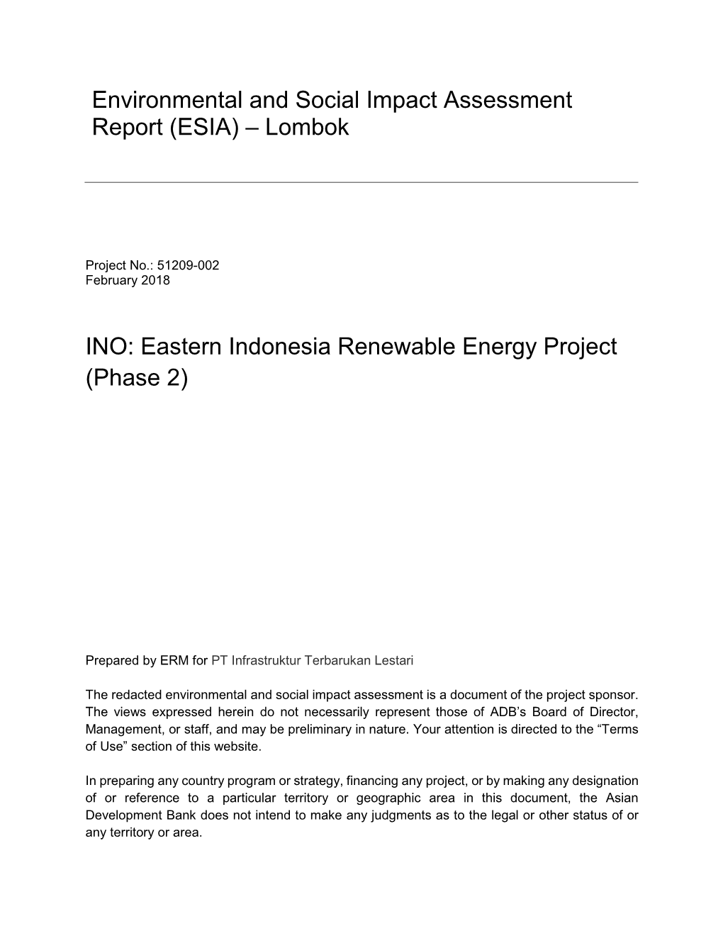 Environmental and Social Impact Assessment Report (ESIA) – Lombok