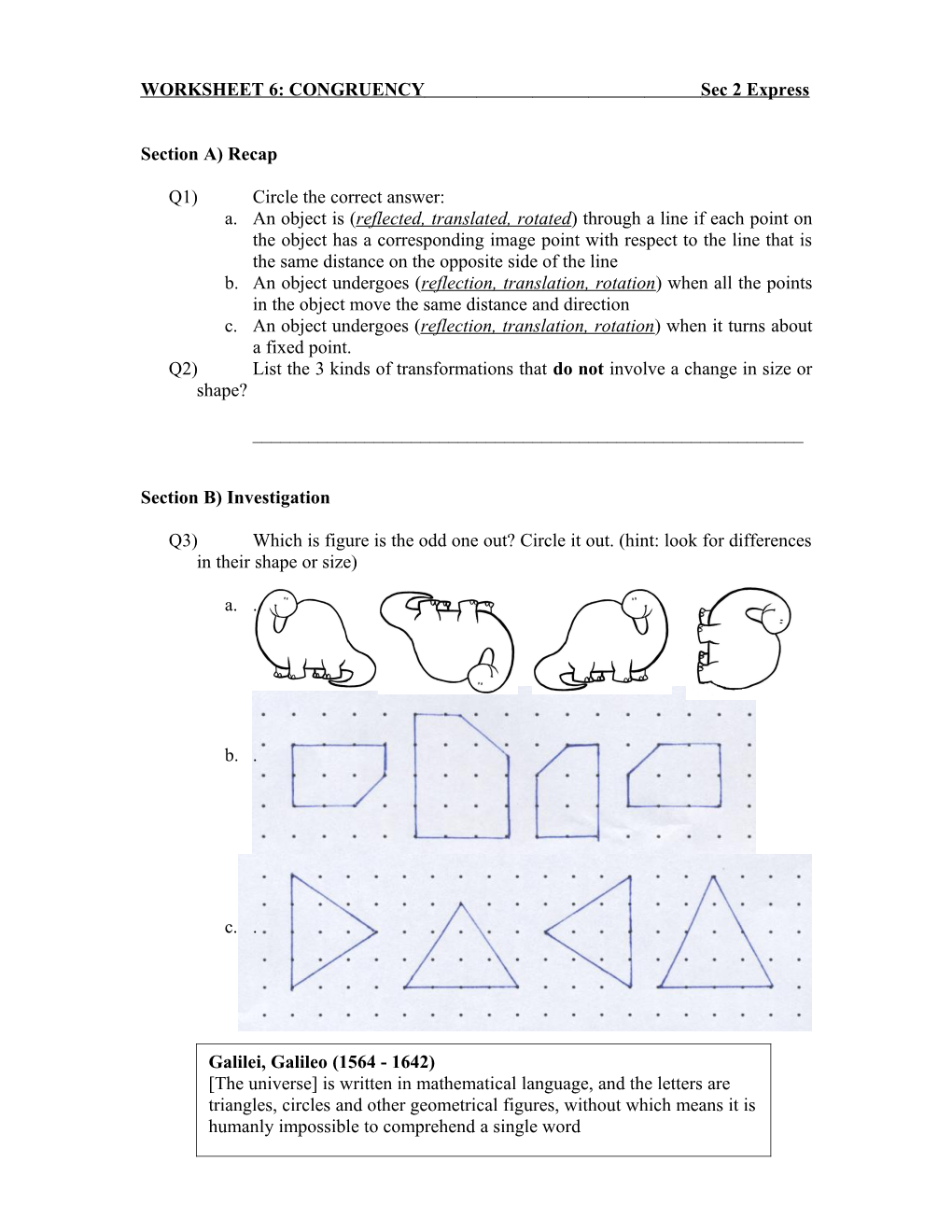 WORKSHEET 6: CONGRUENCY Sec 2 Express