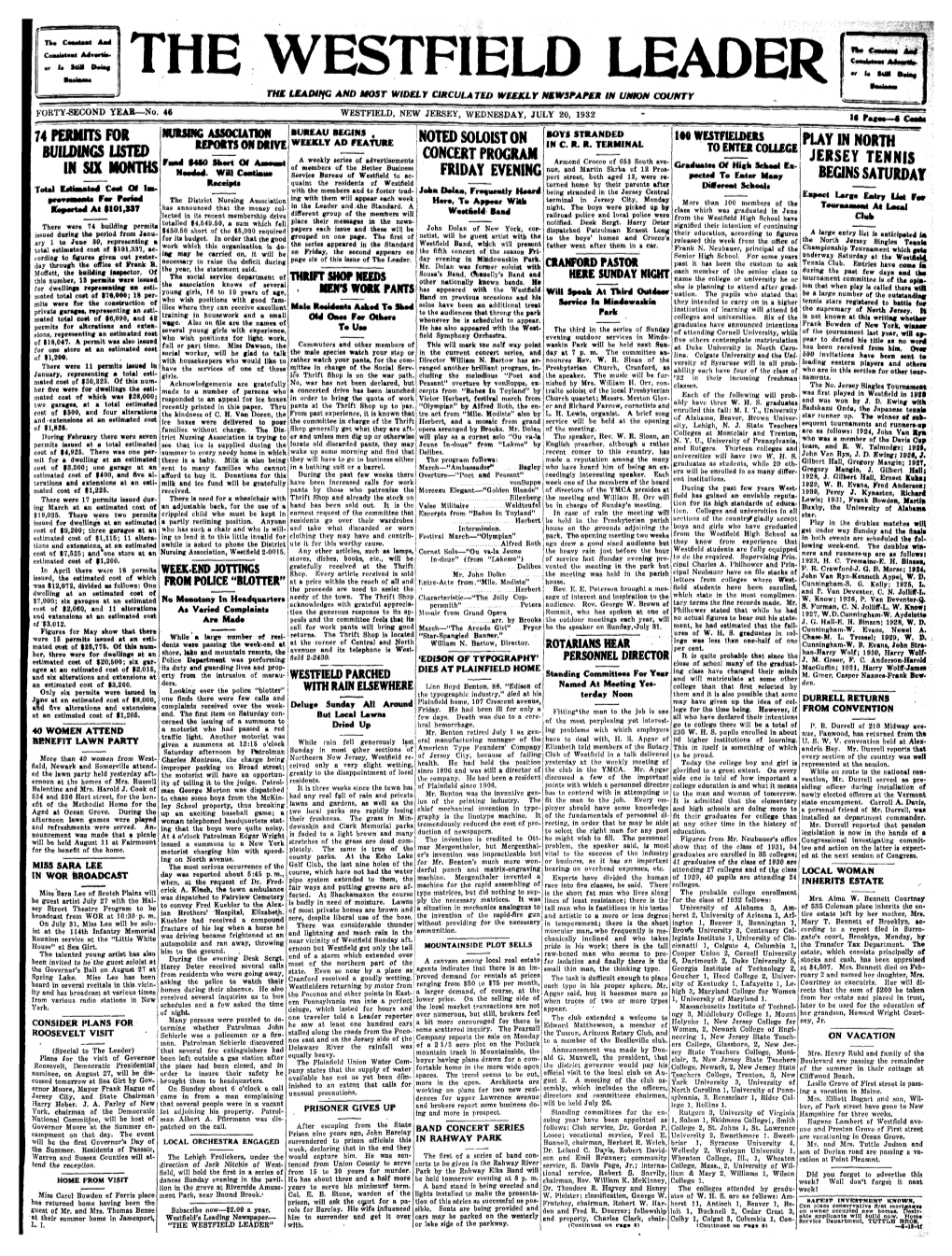 20, 1932 74 Permits for Musing Association Bureau Begins , Bovs Stranded in Westfielders Remits on Drive Weekly Ad Feature Noted Soloist on in C