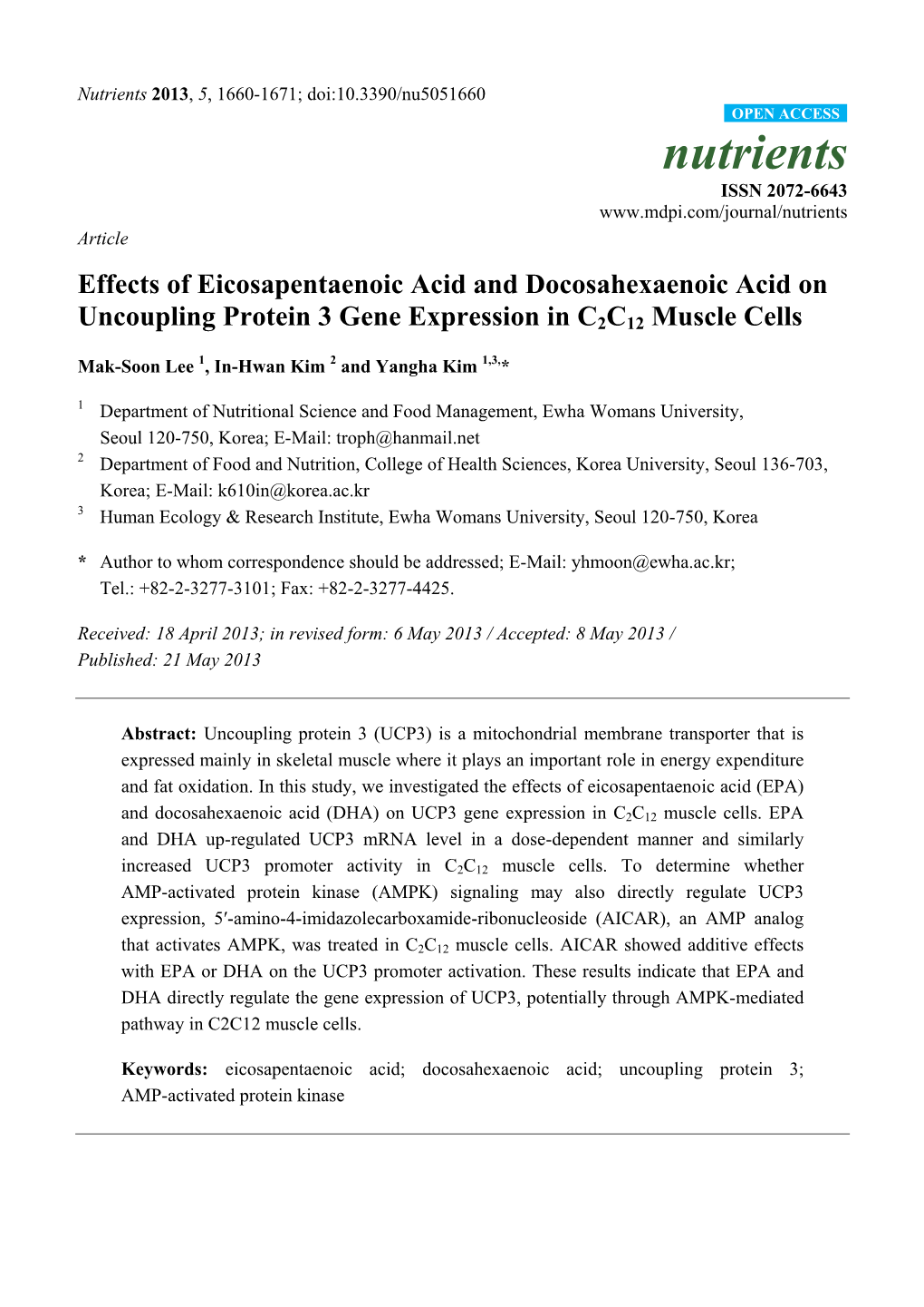 Effects of Eicosapentaenoic Acid and Docosahexaenoic Acid on Uncoupling Protein 3 Gene Expression in C2C12 Muscle Cells