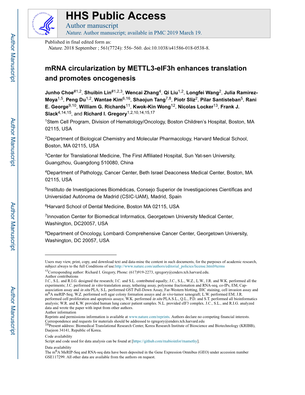 Mrna Circularization by METTL3-Eif3h Enhances Translation and Promotes Oncogenesis