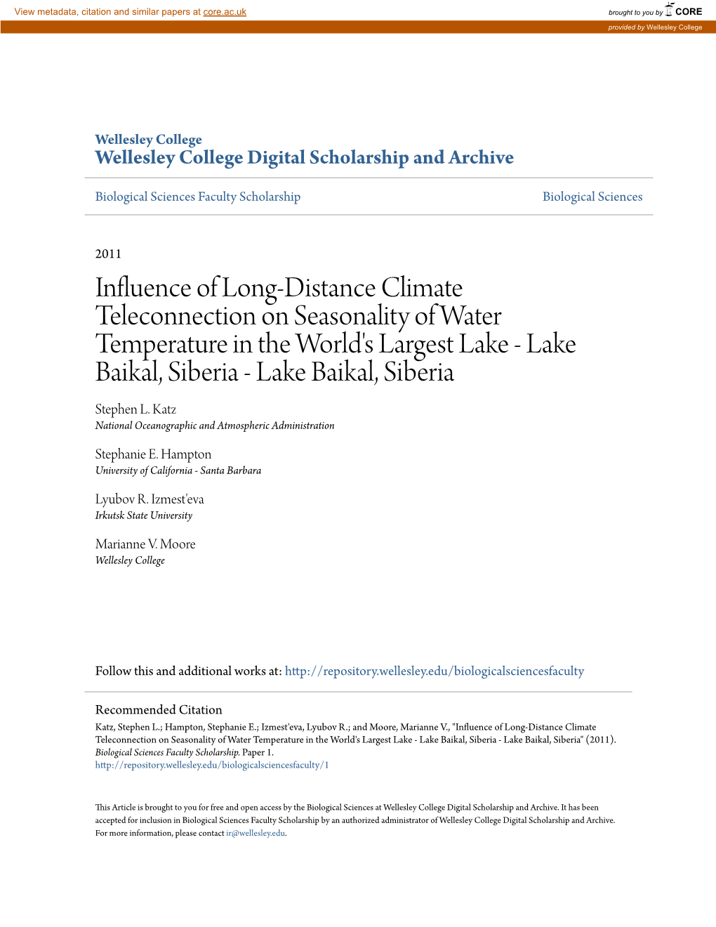 Influence of Long-Distance Climate Teleconnection on Seasonality of Water Temperature in the World's Largest Lake