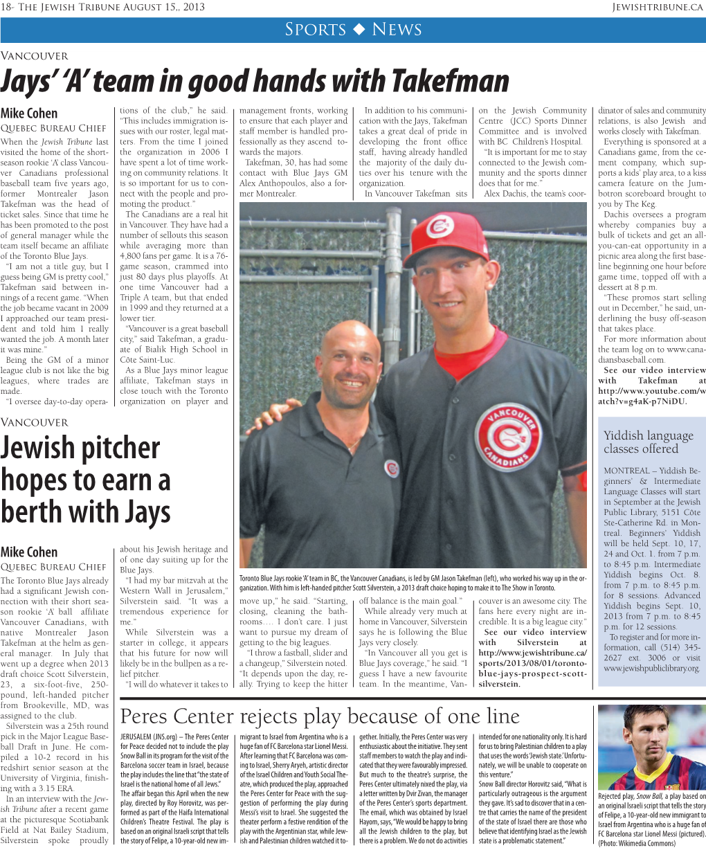 'A' Team in Good Hands with Takefman Jewish Pitcher Hopes to Earn A