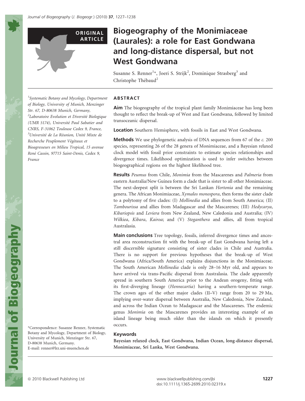 (Laurales): a Role for East Gondwana and Long-Distance Dispersal, but Not West Gondwana Susanne S