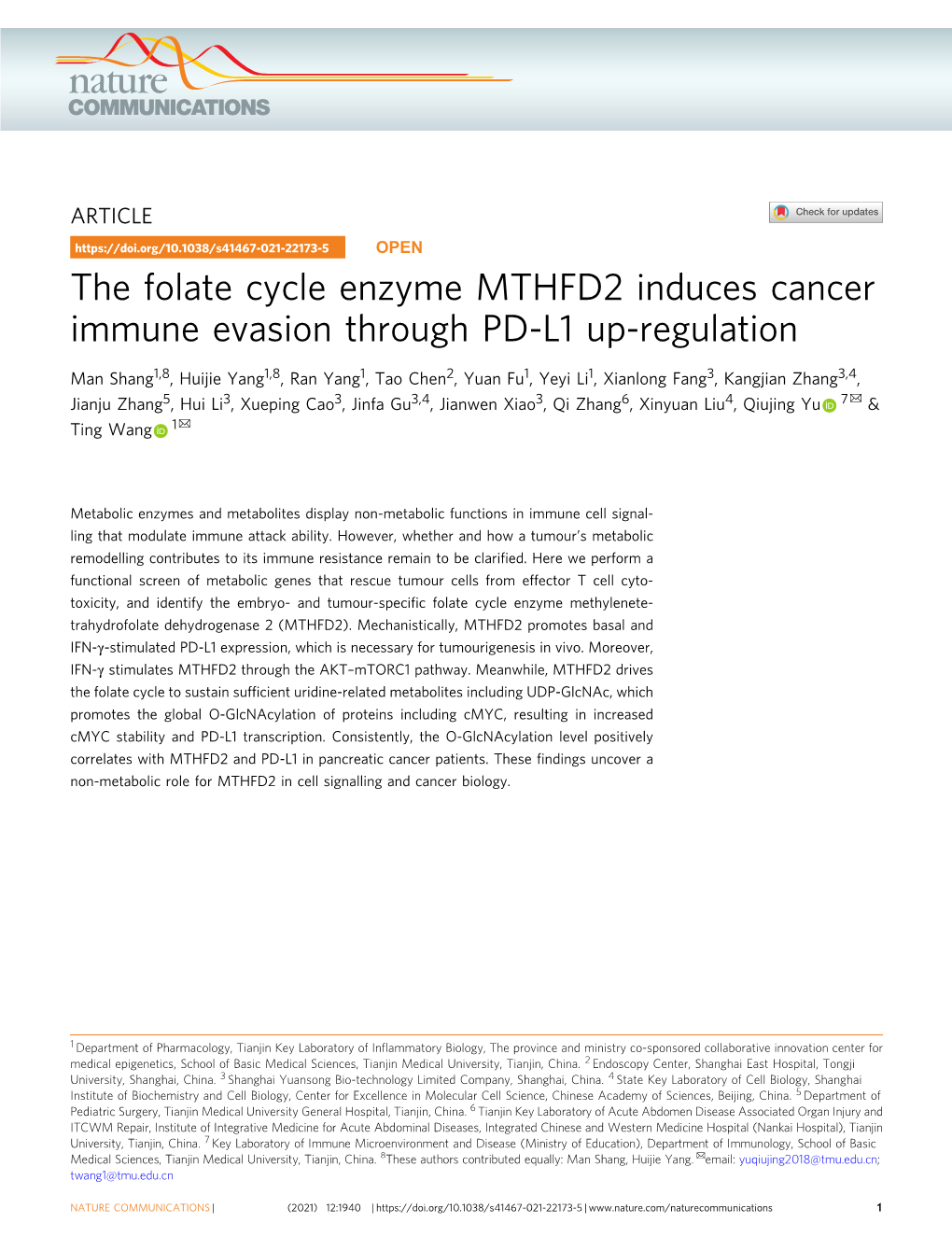 The Folate Cycle Enzyme MTHFD2 Induces Cancer Immune Evasion Through PD-L1 Up-Regulation
