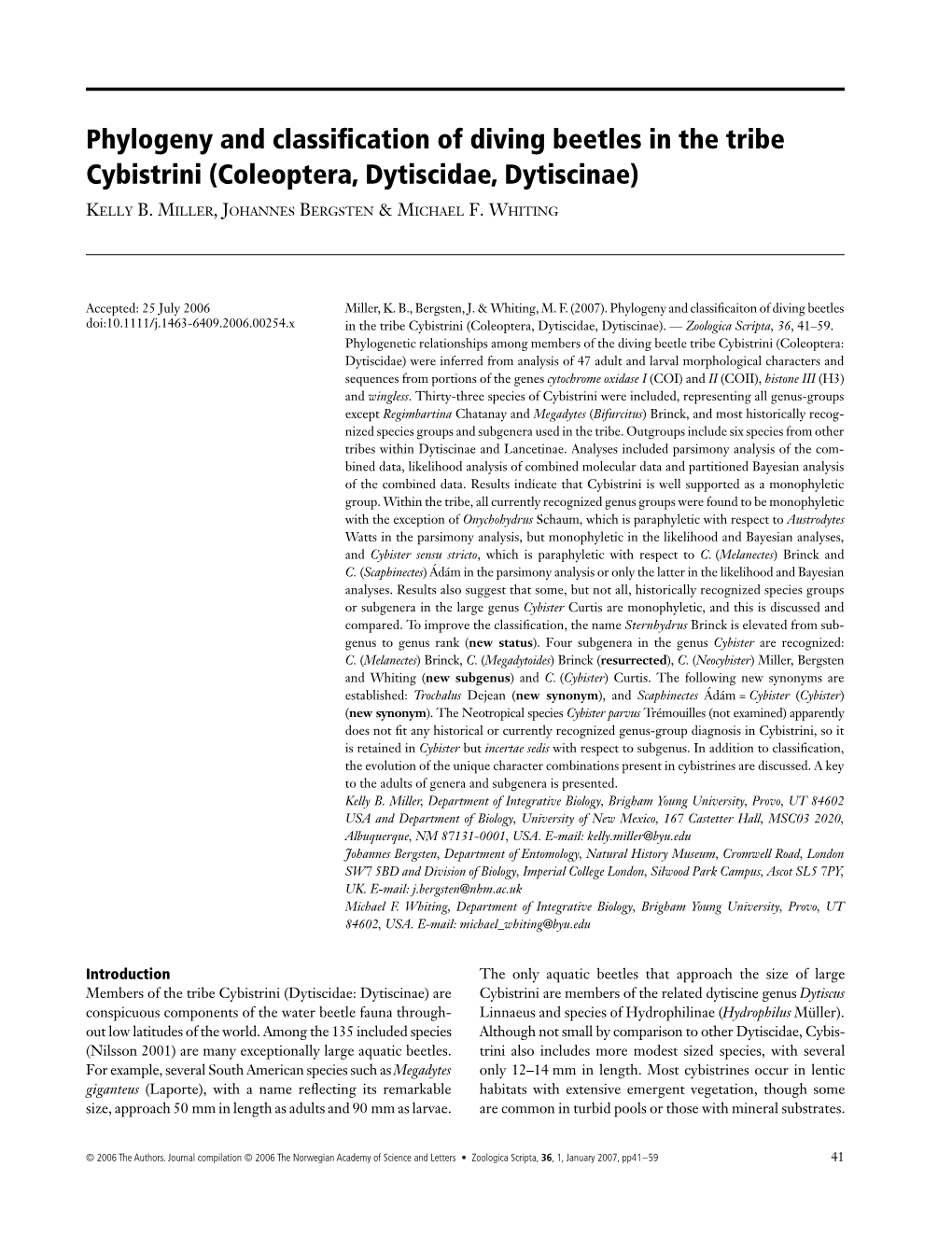 Phylogeny and Classification of Diving Beetles in the Tribe Cybistrini