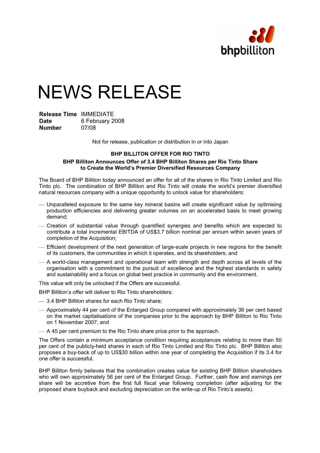 For Immediate Release 6 February 2008