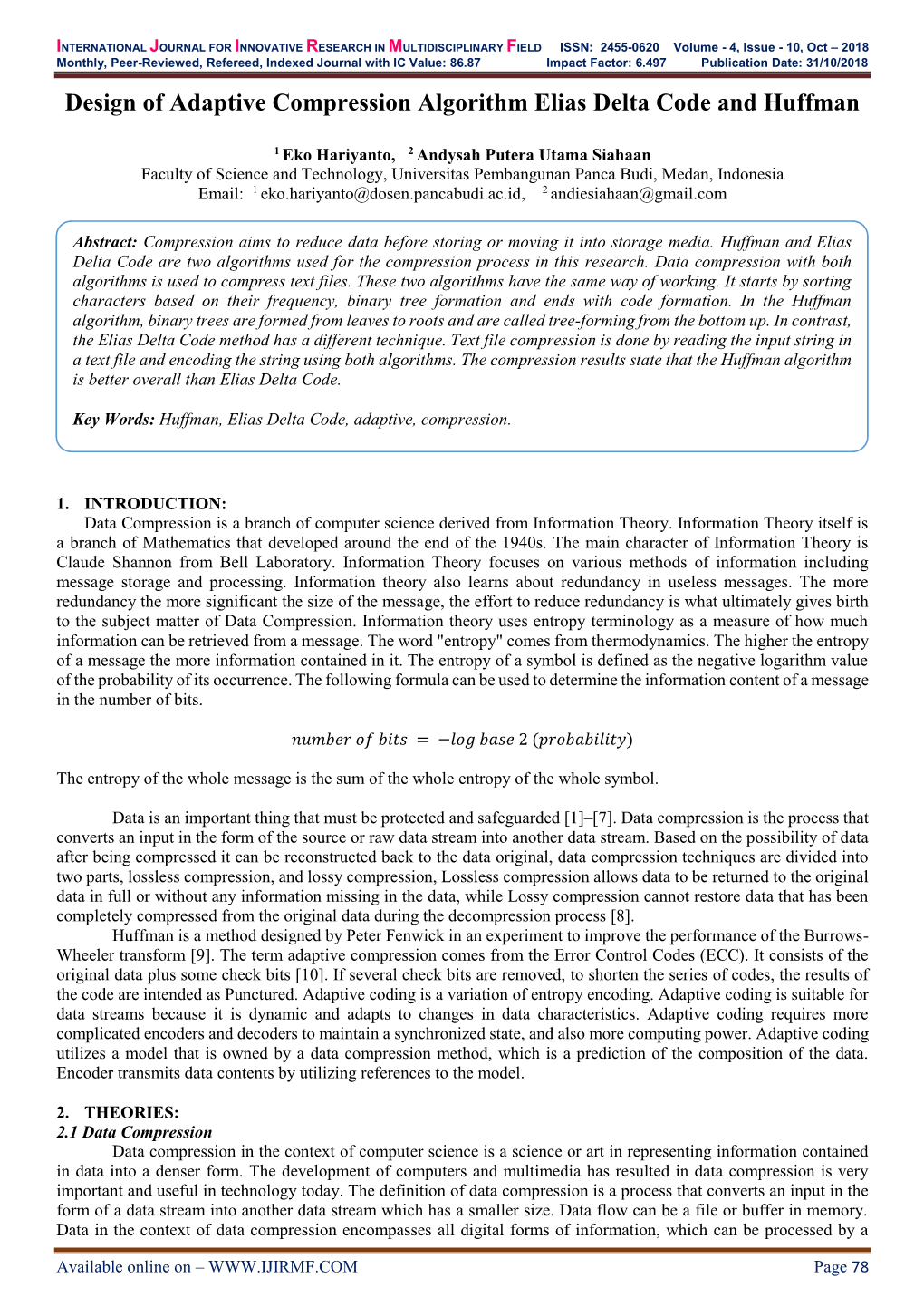 Design of Adaptive Compression Algorithm Elias Delta Code and Huffman