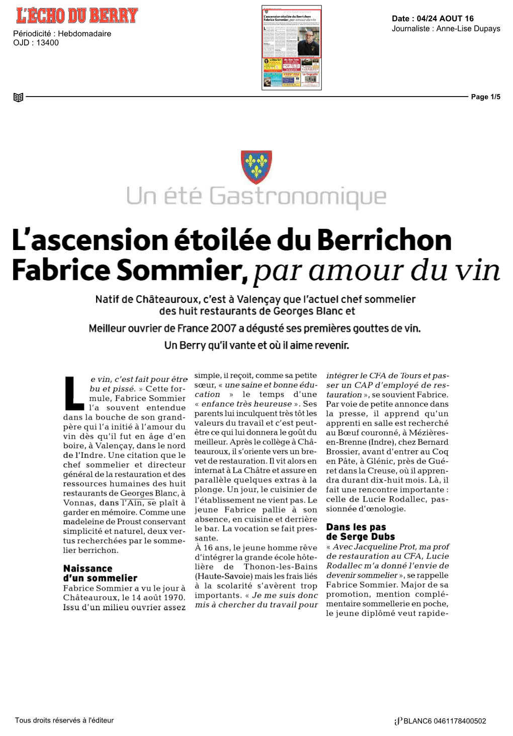 L'ascension Etoilée Du Berrichon Fabrice Sommier, Par Amour Du