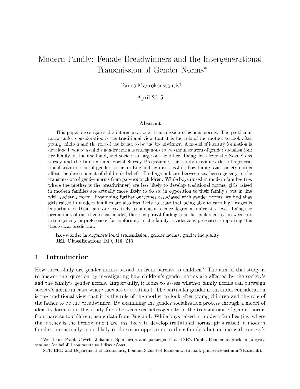 Modern Family: Female Breadwinners and the Intergenerational Transmission of Gender Norms∗