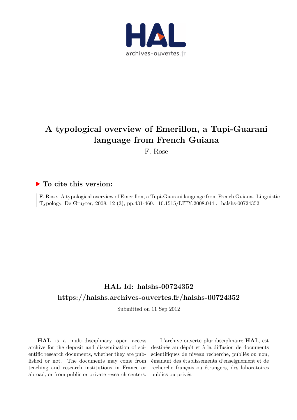A Typological Overview of Emerillon, a Tupi-Guarani Language from French Guiana F