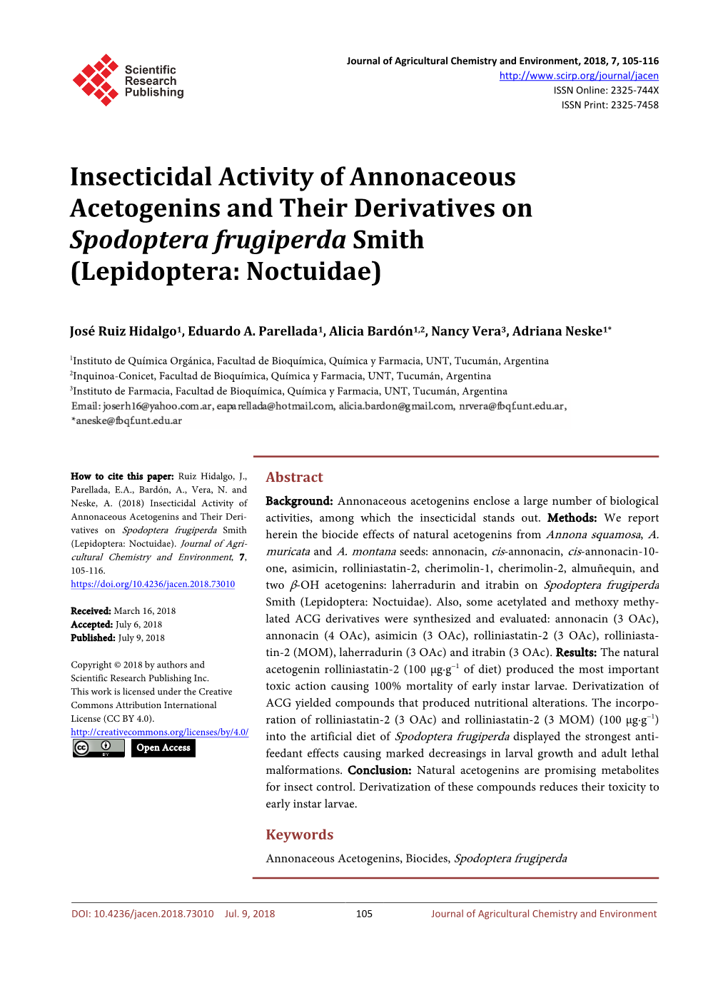 Insecticidal Activity of Annonaceous Acetogenins and Their Derivatives on Spodoptera Frugiperda Smith (Lepidoptera: Noctuidae)