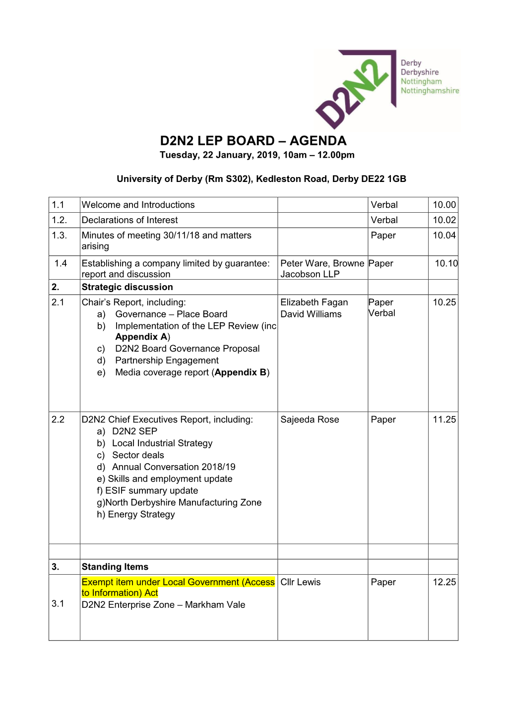 AGENDA Tuesday, 22 January, 2019, 10Am – 12.00Pm