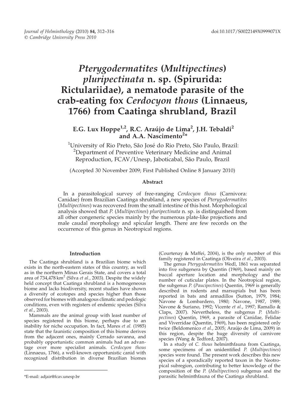 Pterygodermatites ( Multipectines) Pluripectinata N. Sp. (Spirurida