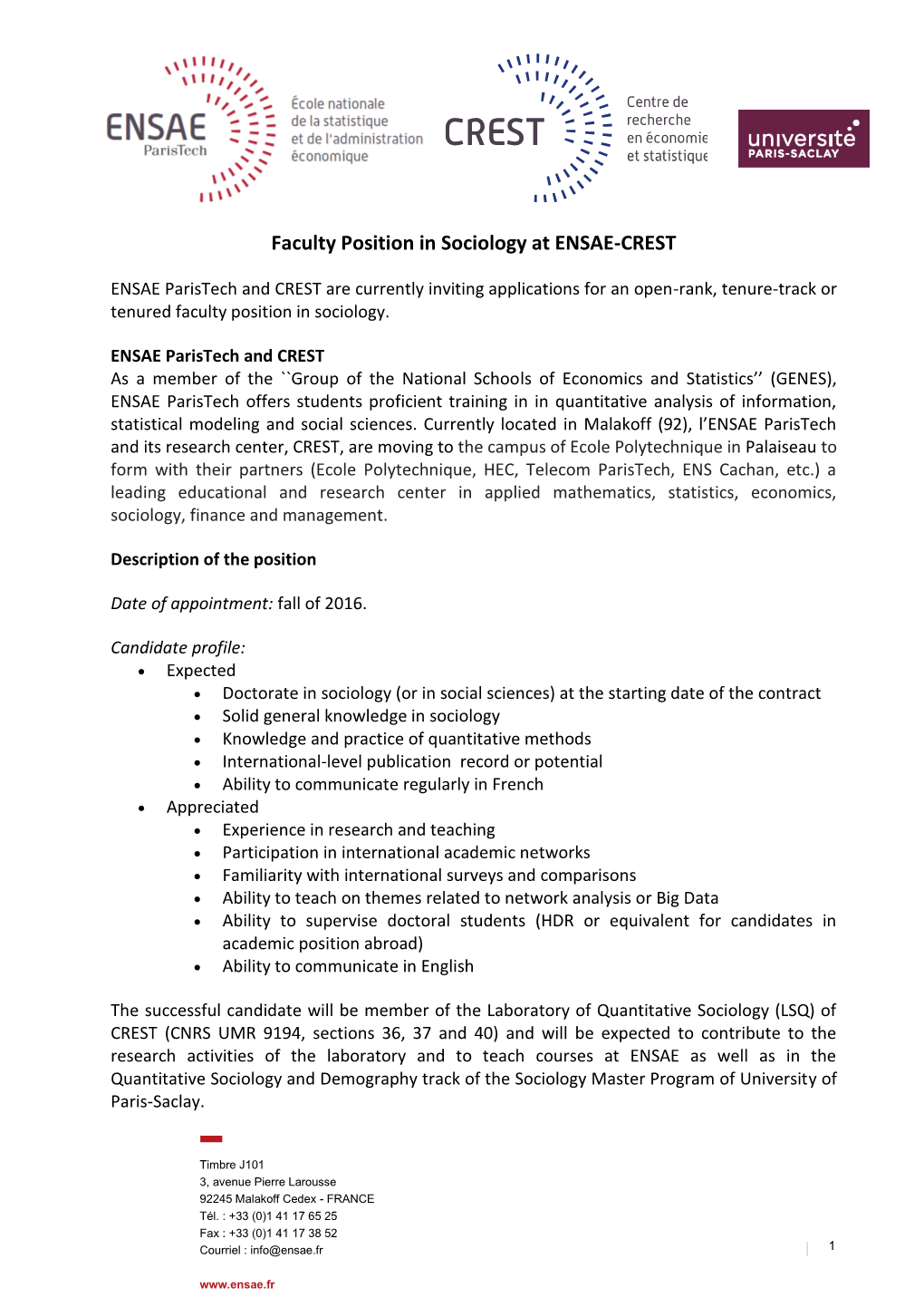 Faculty Position in Sociology at ENSAE-CREST