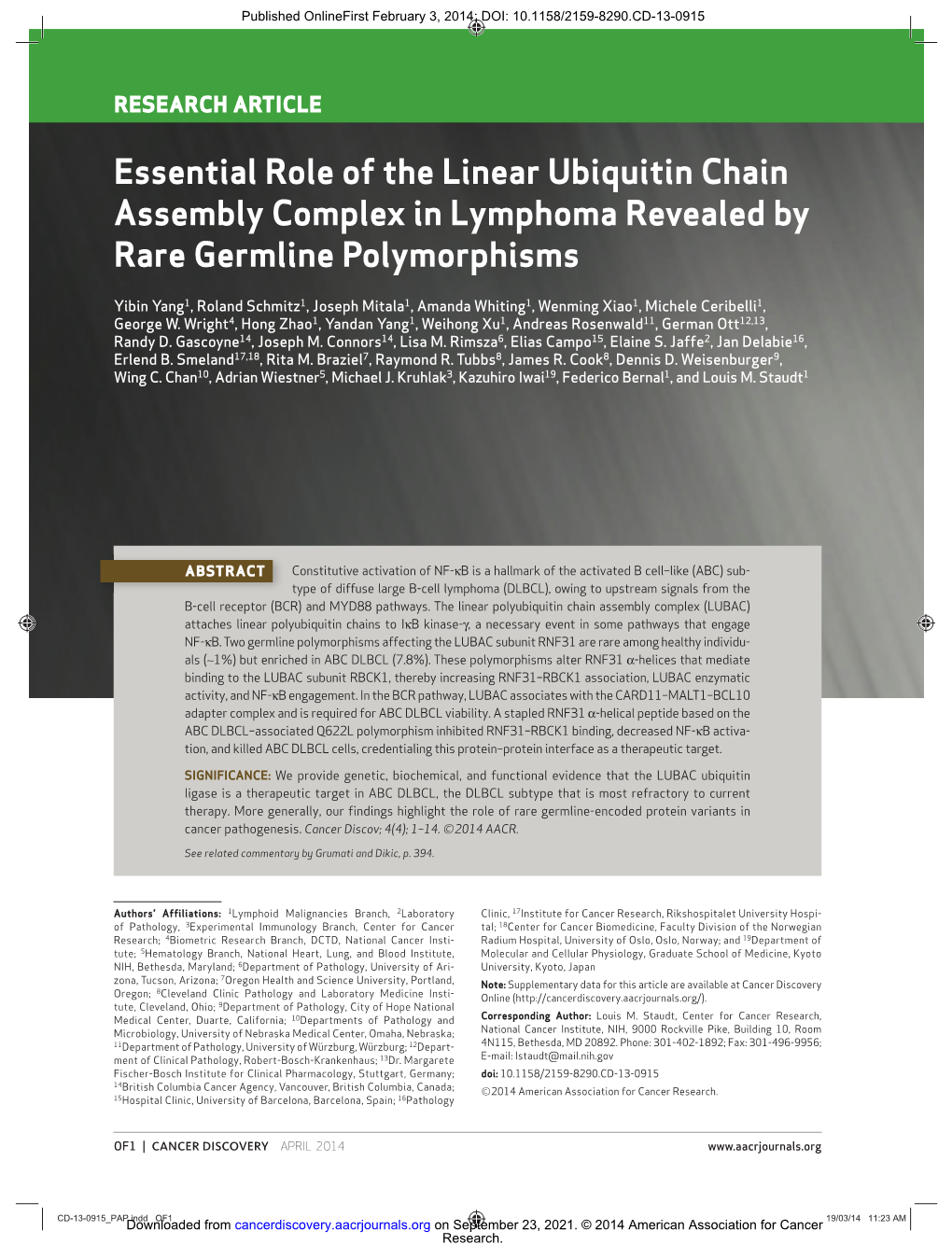 Essential Role of the Linear Ubiquitin Chain Assembly Complex in Lymphoma Revealed by Rare Germline Polymorphisms