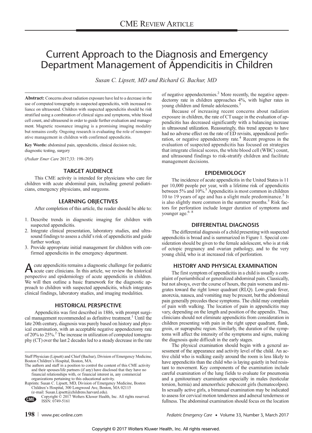 Current Approach to the Diagnosis and Emergency Department Management of Appendicitis in Children