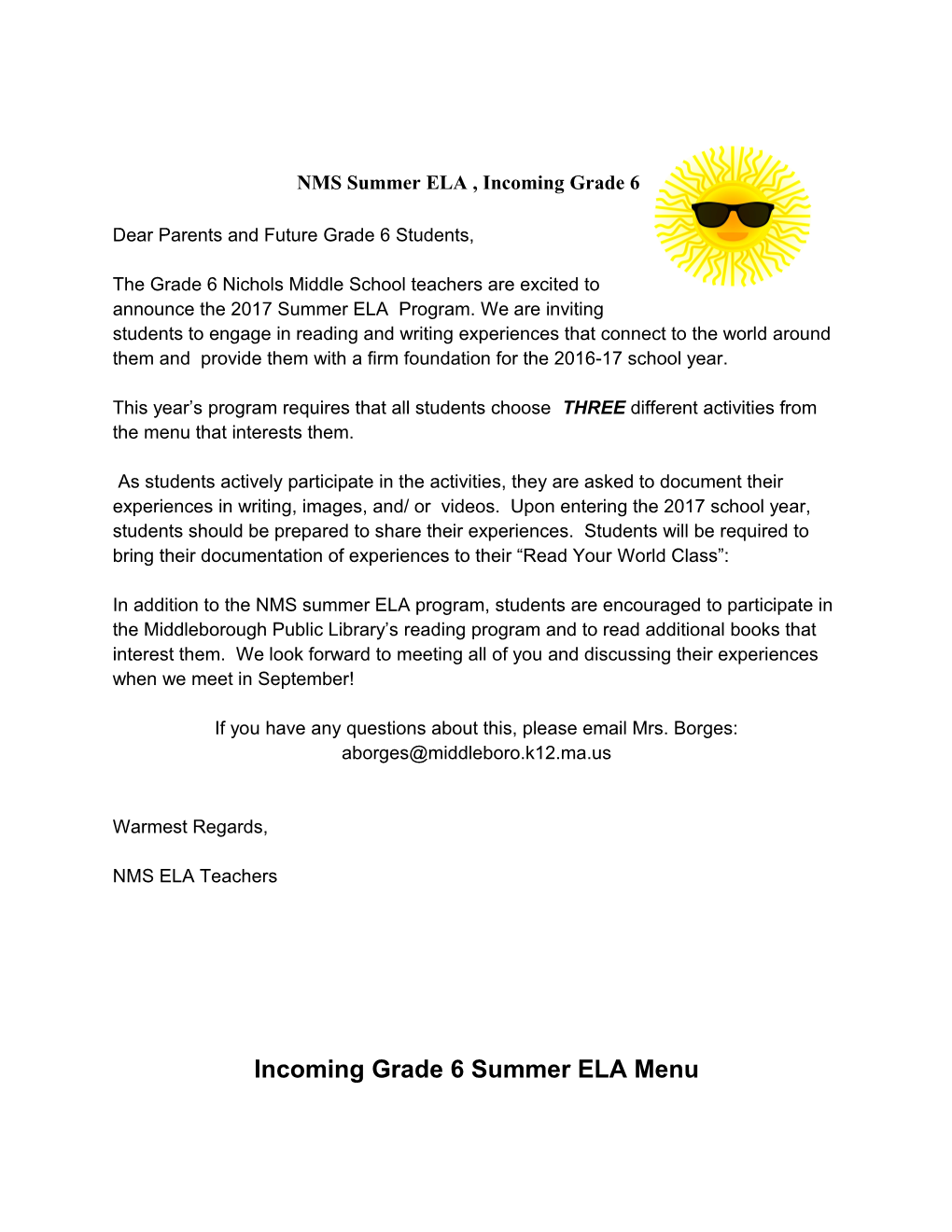 NMS Summer ELA , Incoming Grade 6