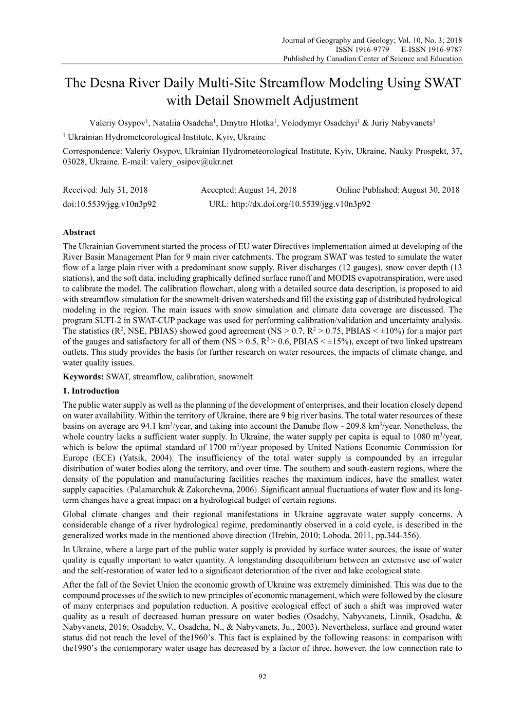 The Desna River Daily Multi-Site Streamflow Modeling Using SWAT with Detail Snowmelt Adjustment