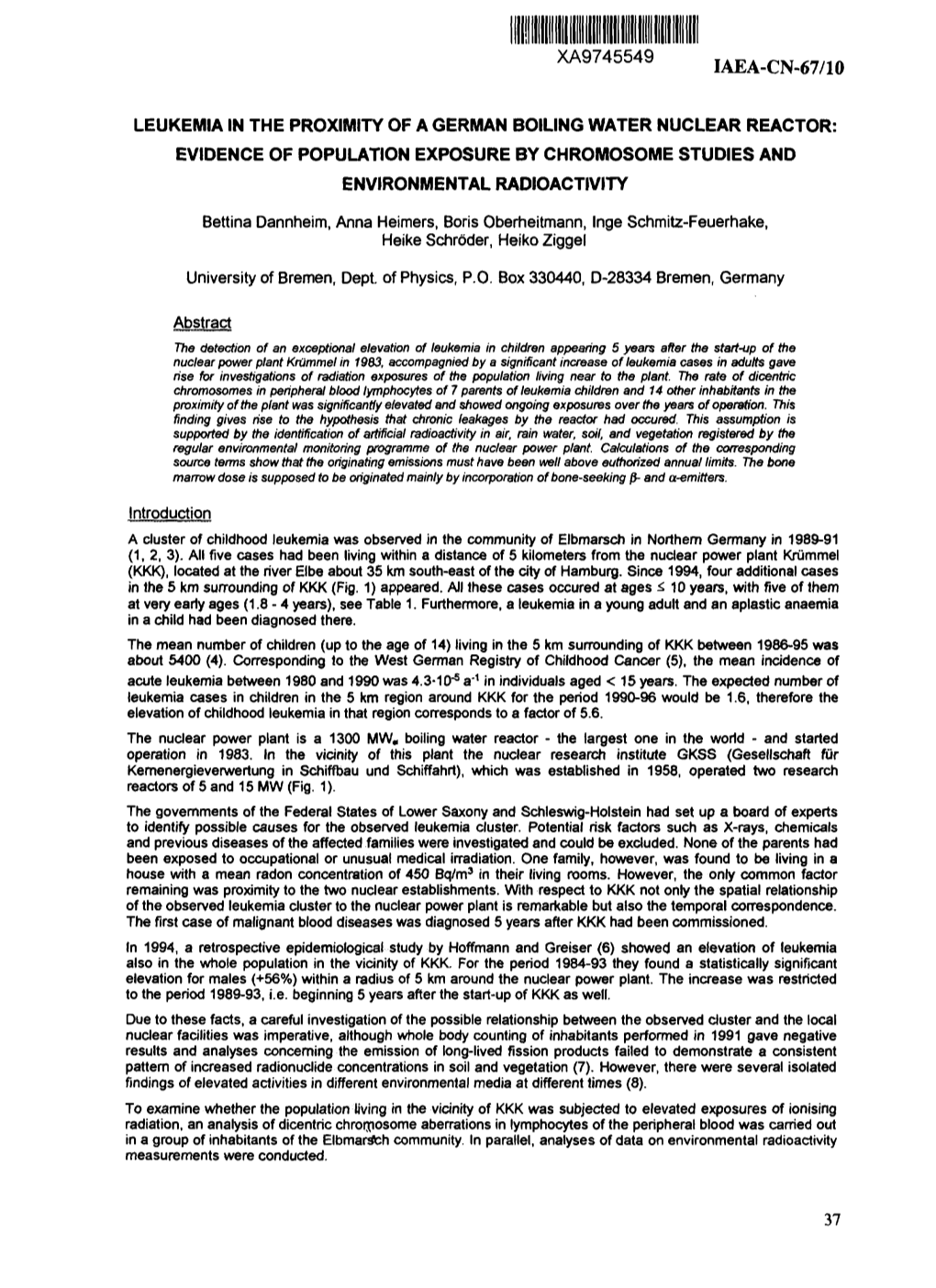 Leukemia in the Proximity of a German Boiling Water Nuclear Reactor: Evidence of Population Exposure by Chromosome Studies and Environmental Radioactivity