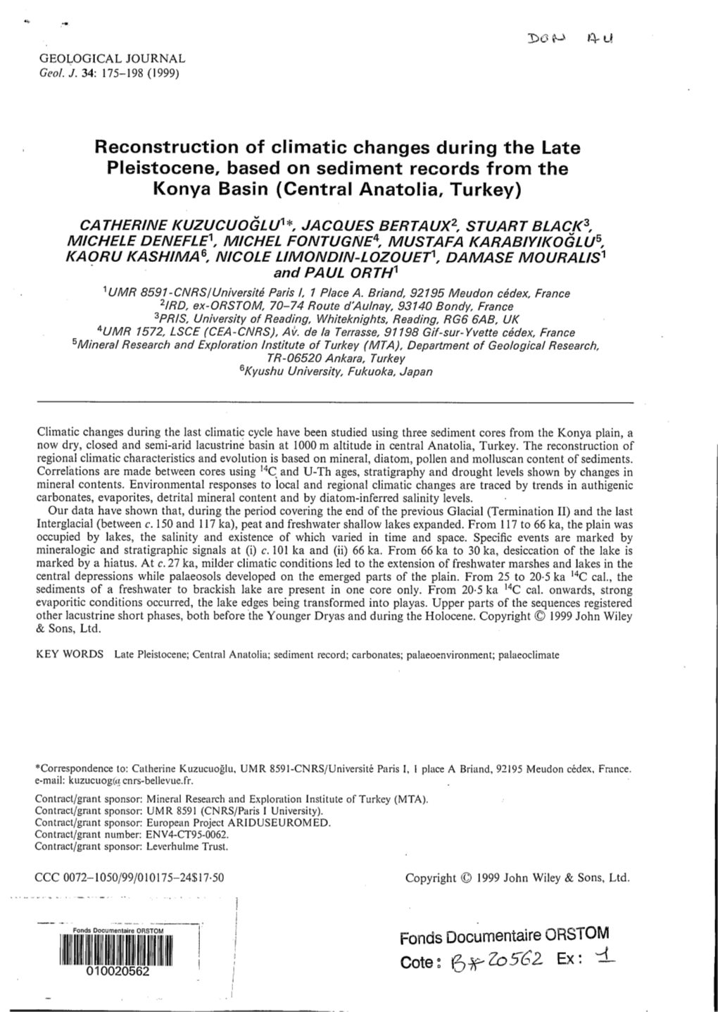 Reconstruction of Climatic Changes During the Late Pleistocene, Based on Sediment Records from the Konya Basin (Central Anatolia, Turkey)