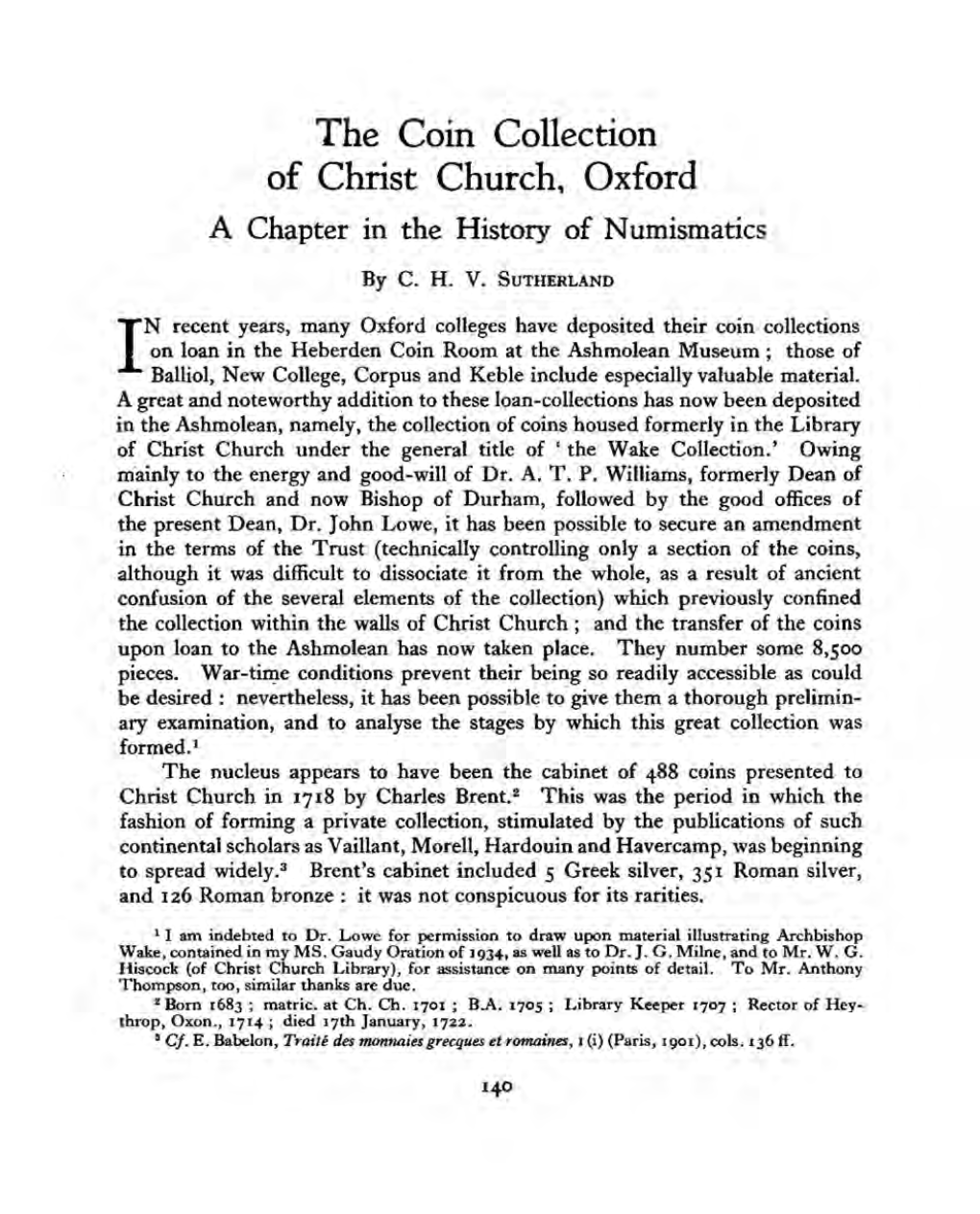 The Coin Collection of Christ Church, Oxford a Chapter in the History of Numismatics