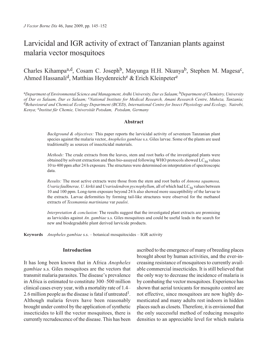 Larvicidal and IGR Activity of Extract of Tanzanian Plants Against Malaria Vector Mosquitoes