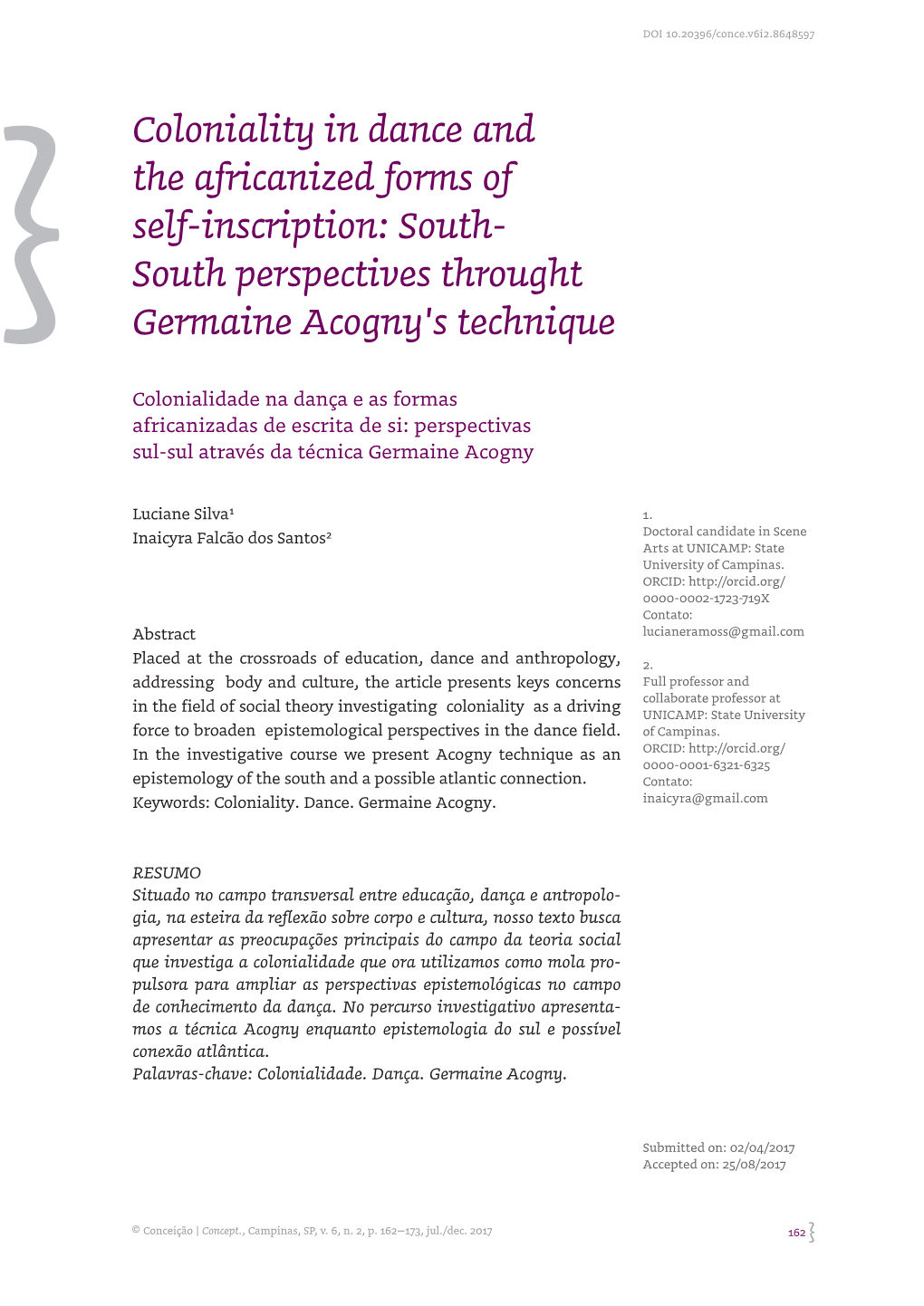 Coloniality in Dance and the Africanized Forms of Self-Inscription: South- South Perspectives Throught Germaine Acogny's Technique